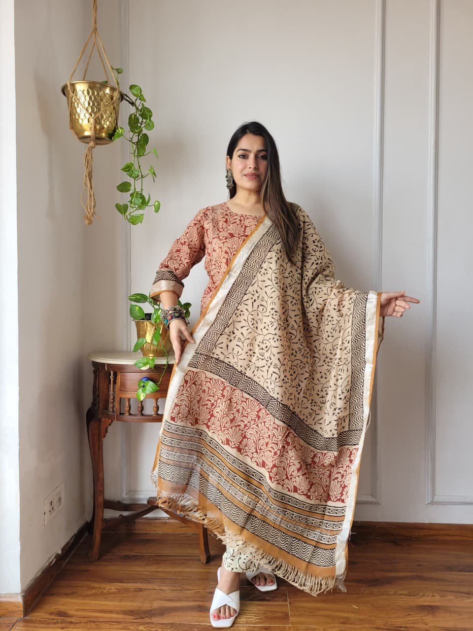 Red Bagru Hand Block Printed Linen Suit Set